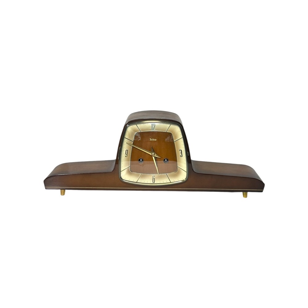 Vintage Telep FHS Germany 150-010 MCM Wood Mantel Clock Brown Gold Not Working